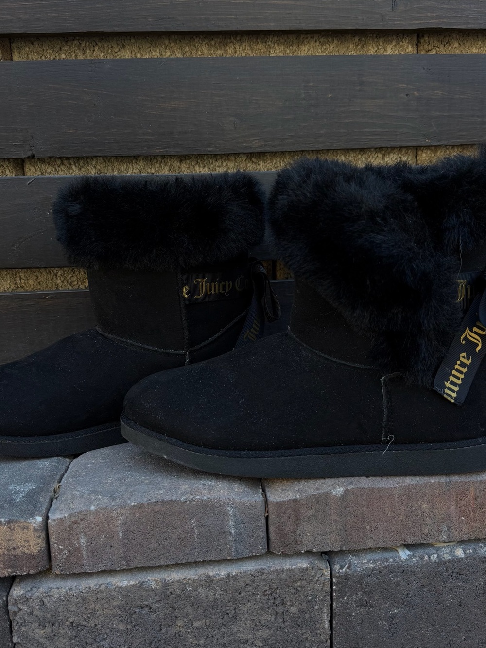 Juicy Couture Black Faux Fur Cuff Booties with Ribbon